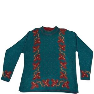 Teal & Red Butterfly Knit Mock Neck Sweater